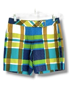 Trina Turk Blue/Green/Brown Plaid Textured Cotton Shorts Size 0